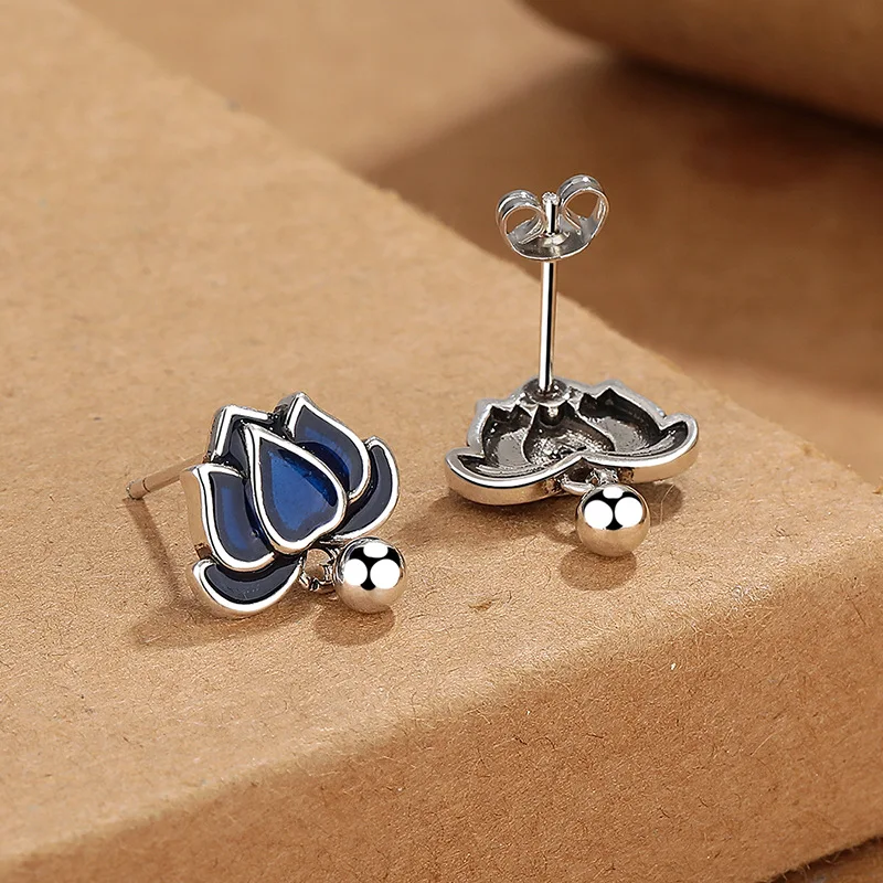Серьги-гвоздики из серебра 925 пробы с синим цветком лотоса для женщин свежие