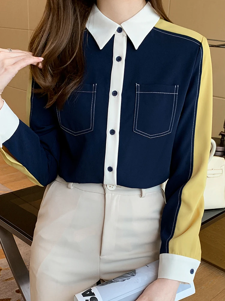 Chiffon Shirt women Blouses Ladies work Wear Breasted color contrast Fashion Color Matching Long-sleeved Top Blouse 2022