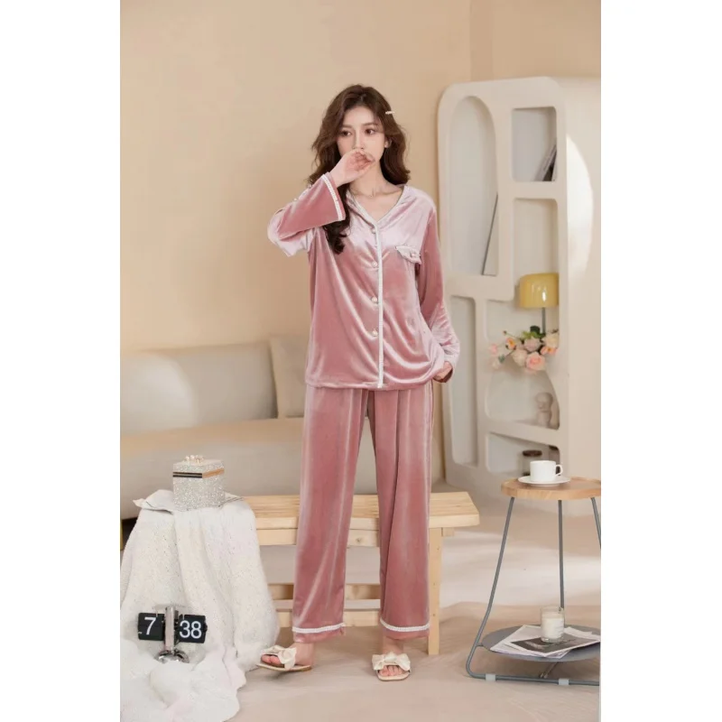 2023 Women's Pajamas Autumn and Winter New Pleuche Long Sleeve Trousers Pajamas Women's Classic Style Homewear Suit