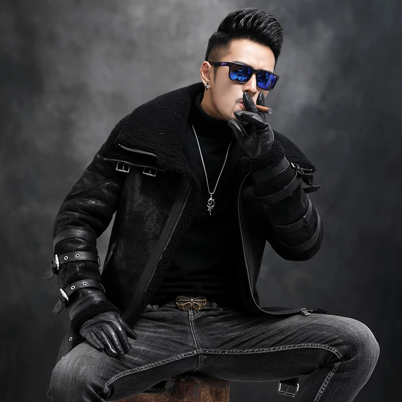 Шуба мужская из натуральной овечьей кожи короткая мотоциклетная куртка костюм