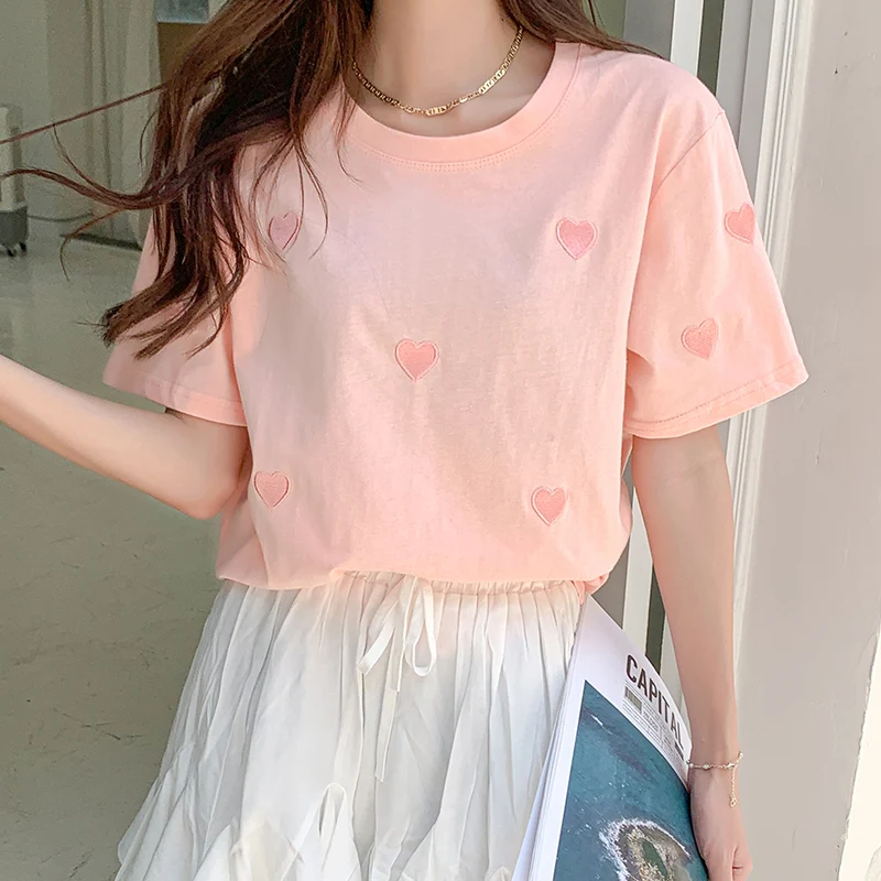

Make cotton short sleeve T-shirt dress in new han edition round collar embroidery clothes on female love render unlined upper ga