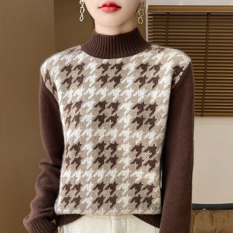 Осенне-зимний свитер из чистой шерсти с полувысоким воротником и сеткой Тысяча