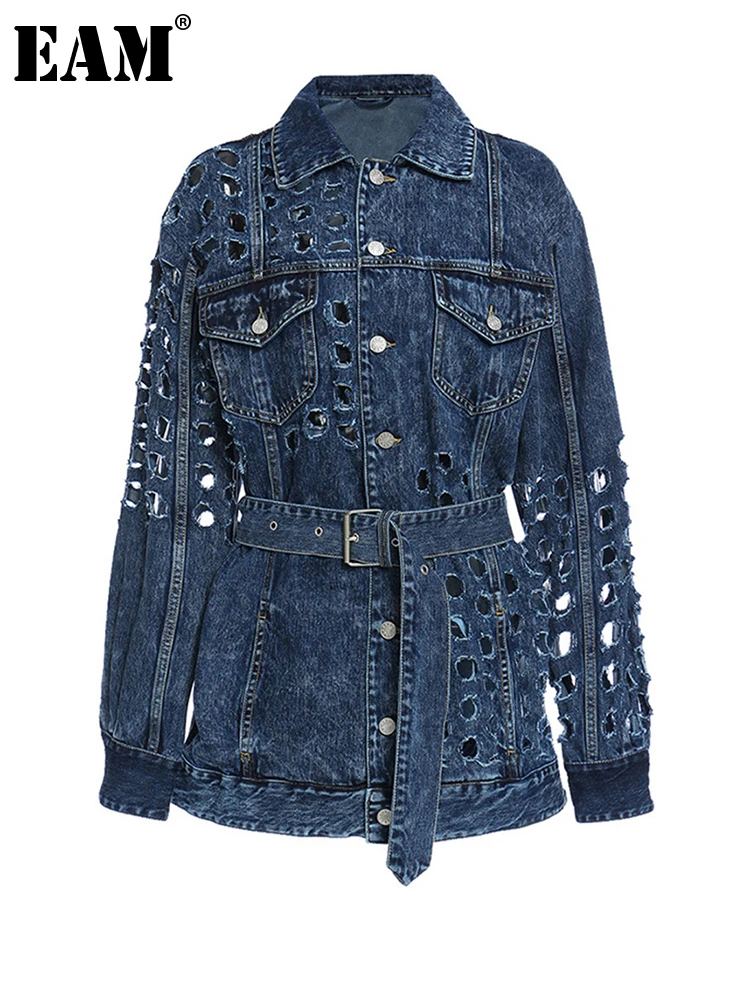 

[EAM] Свободная синяя джинсовая куртка большого размера, новая женская куртка с отворотом и длинным рукавом, модная весенне-осенняя 2022 1Y720