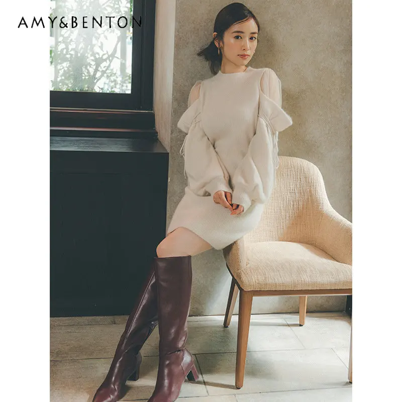 Winter Japanese Tulle Stitching Sweater Dress Women See-through Off Shoulder Lace-up Knitted Dress Female Casual Dress