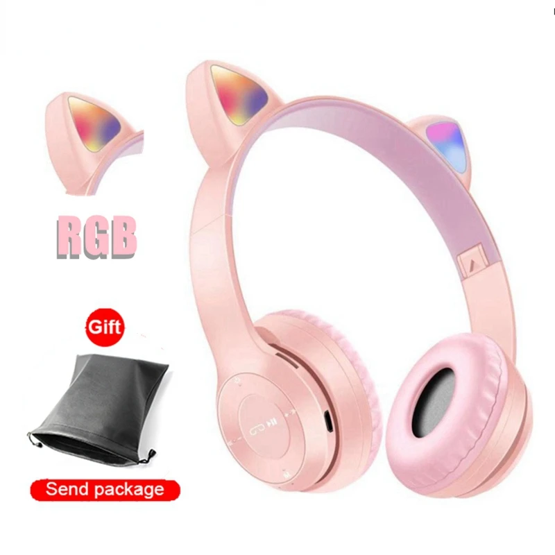 

RGB Cute Cat Ears Bluetooth 5.0 Wireless Headphone With Microphone Noise Cancelling Kid Girl Stereo Music Casco Storage Bag Gift