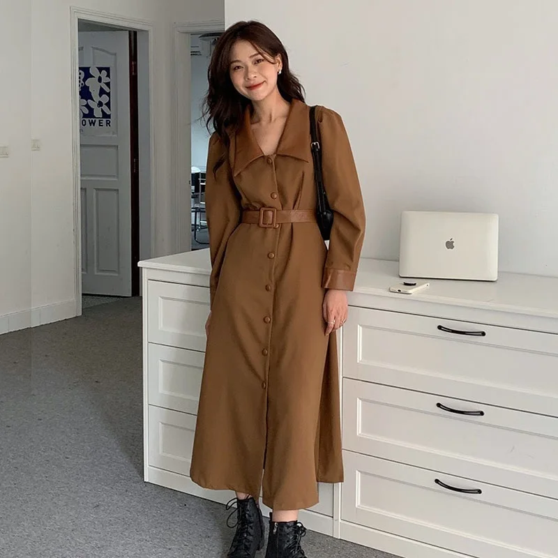 

Vintage Contrast Color Faux PU Leather Lapel Splicing Long Puff Sleeve Dress With Sashes Spring Autumn Women Dresses Vestidos