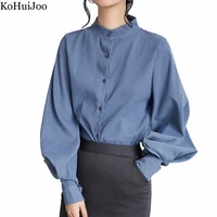 kohuijoo 2022 spring autumn vintage lantern sleeve blouse woman office lady long sleeve temperament shirt women top blue white