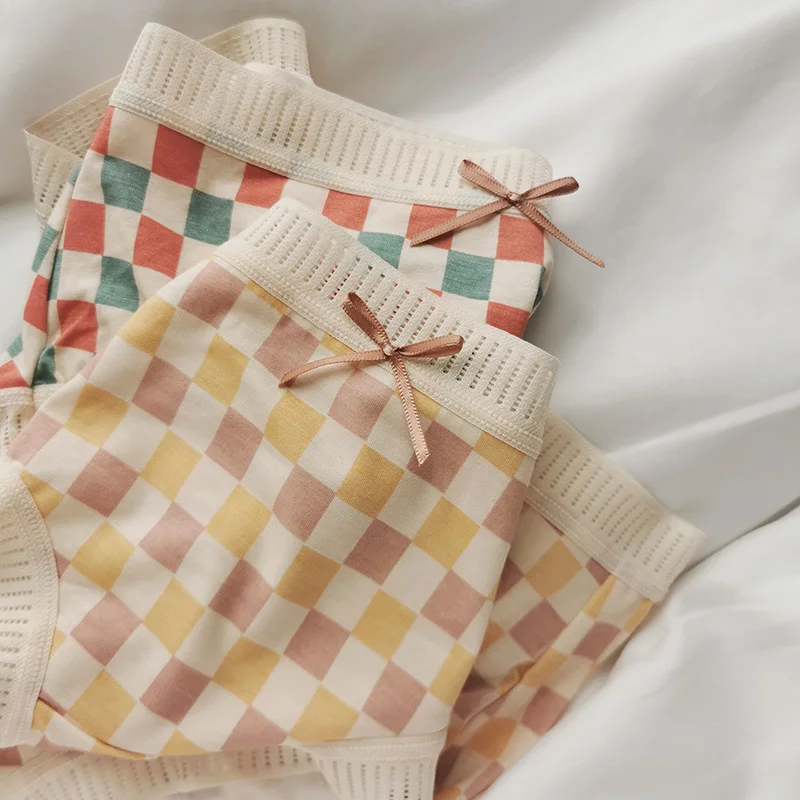 

2022 хлопковое нижнее белье в клетку, японские Симпатичные трусы, бесшовные трусы со средней талией, Симпатичные Мультяшные трусики, женское ...