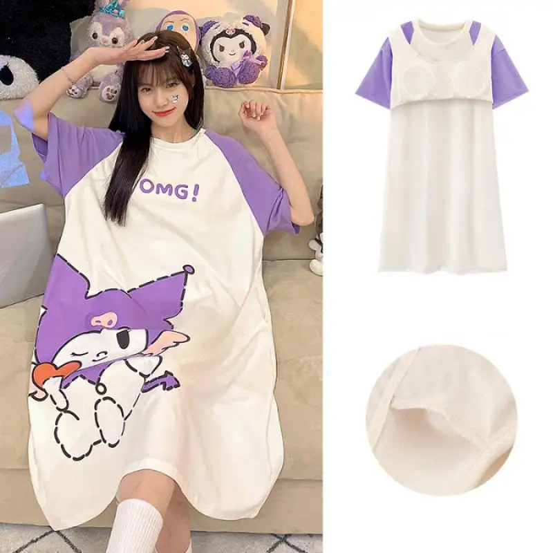 

Милая Пижама с санриолом Kuromi Pachacco, Женская свободная летняя одежда для сна средней длины, домашняя одежда, подарок для девушки