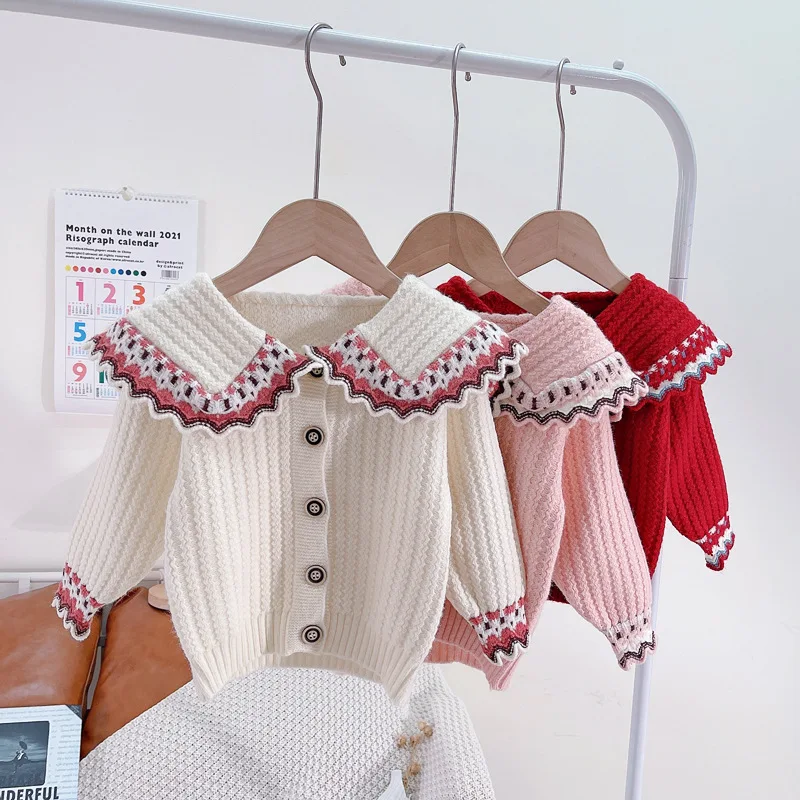 

Autumn Winter Sweet Toddler Girl Cardigan Solid Lace Leaf Collar Knitted Cardigan Sweater Kids Princess All Match Sweaters Coat