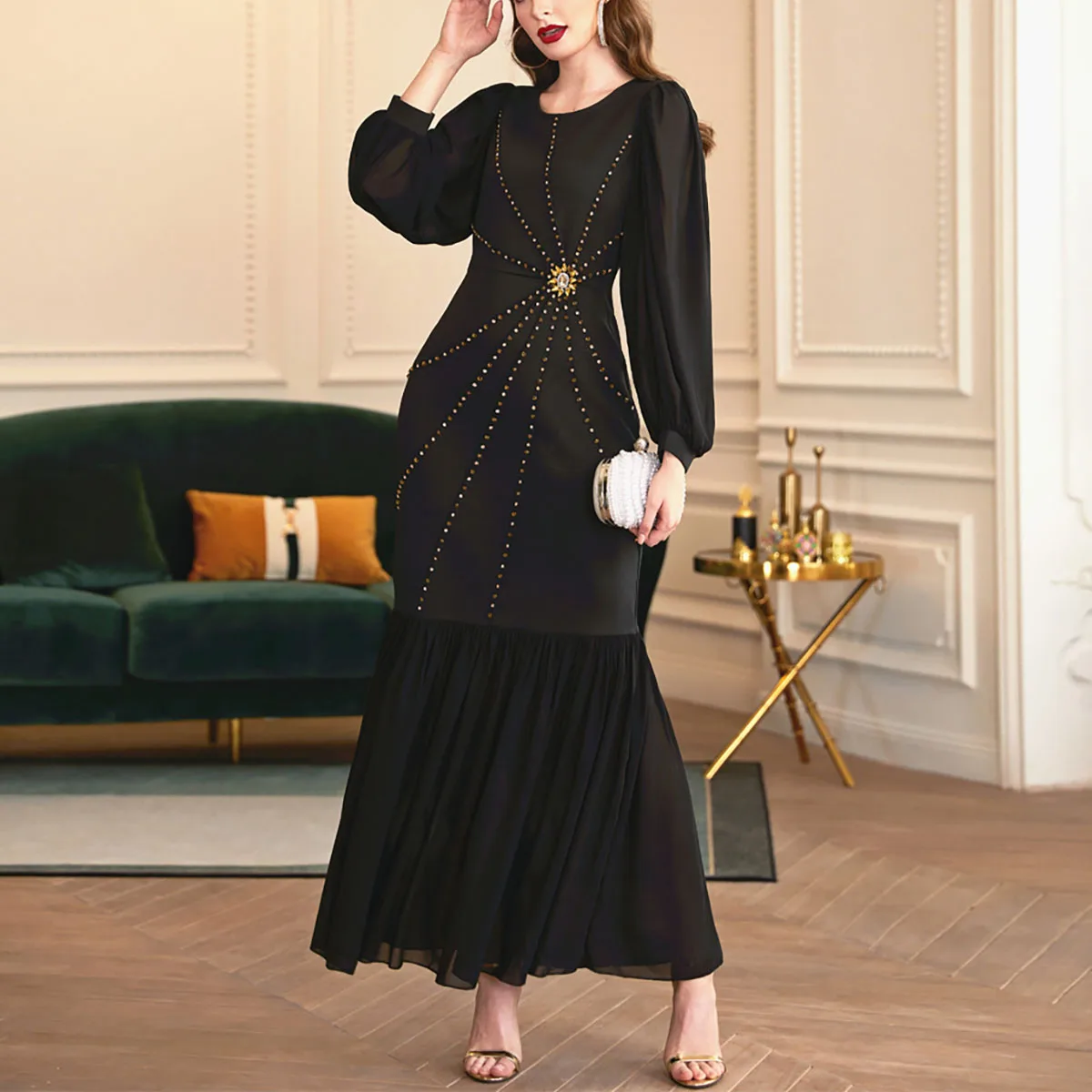 Women Elegant Slim Balloon Sleeve Handmade Diamond Party Dress Dress Muslim Kaftan Dress