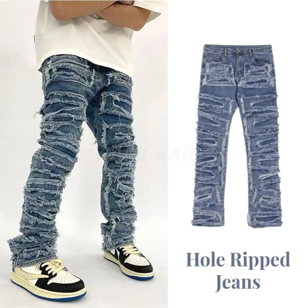 2023 Men's Retro Hole Ripped Distressed Jeans Straight Washed Harajuku Hip Hop Loose Denim Trousers Vibe Style Casual Jean Pants