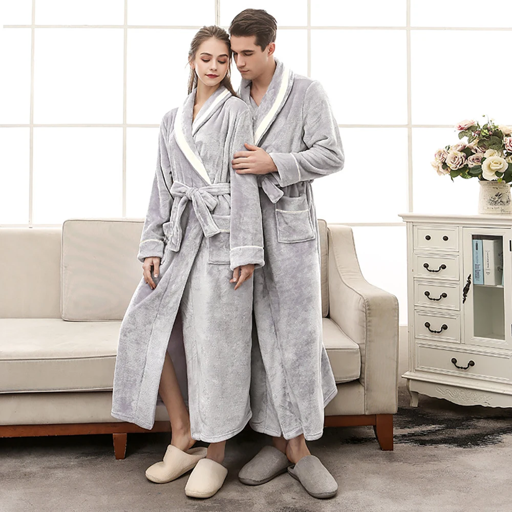 

Winter Women's Dressing Gown Lengthen Thicken Warm Robes for Couples Luxury Flannel Bathrobe Night Dress Woman Shower Bathrobe