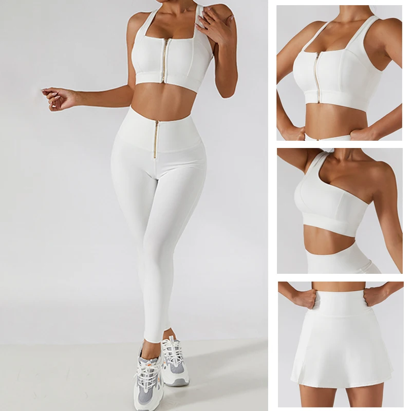 

ASHEYWR 2PC Workout Sets Women Sexy Shockproof Gather Zipper Bra Suit High Waist Skirts Leggings Fitness Two Piece Set Female
