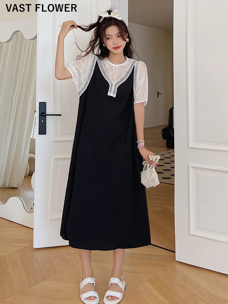 

Женское длинное платье в горошек, черное свободное Повседневное платье составного кроя с коротким рукавом, элегантная одежда в Корейском с...