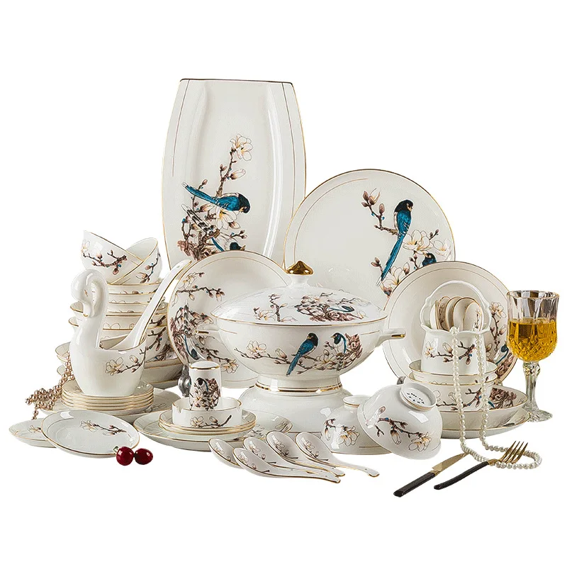 

Jingdezhen Bone China 60 tables and plates coated with gold plate set household bright color European style gift giving