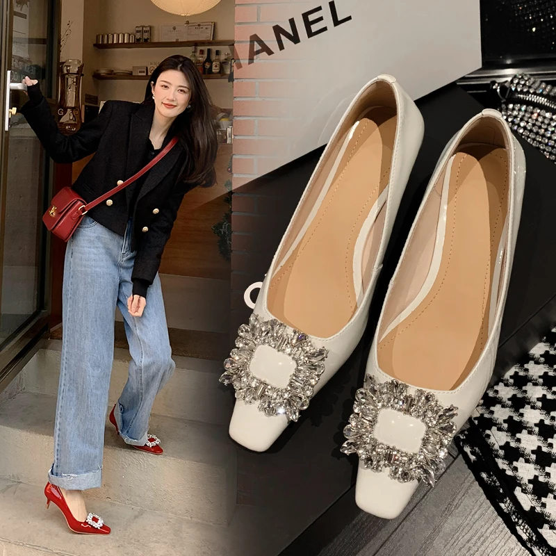 

Cow Leather Rhinestone Decoration Women's High Heels Shoes Shallow Thin Heels Shoes for Woman Pumps Ladies Red Wedding Sheos