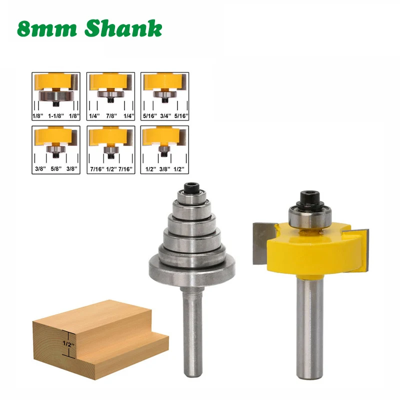 

2PC/Set 8MM Shank Milling Cutter Wood Carving Rabbet Router Bit with 6 Adjustable Bearings Tenon Milling Cutter Cemented Carbide