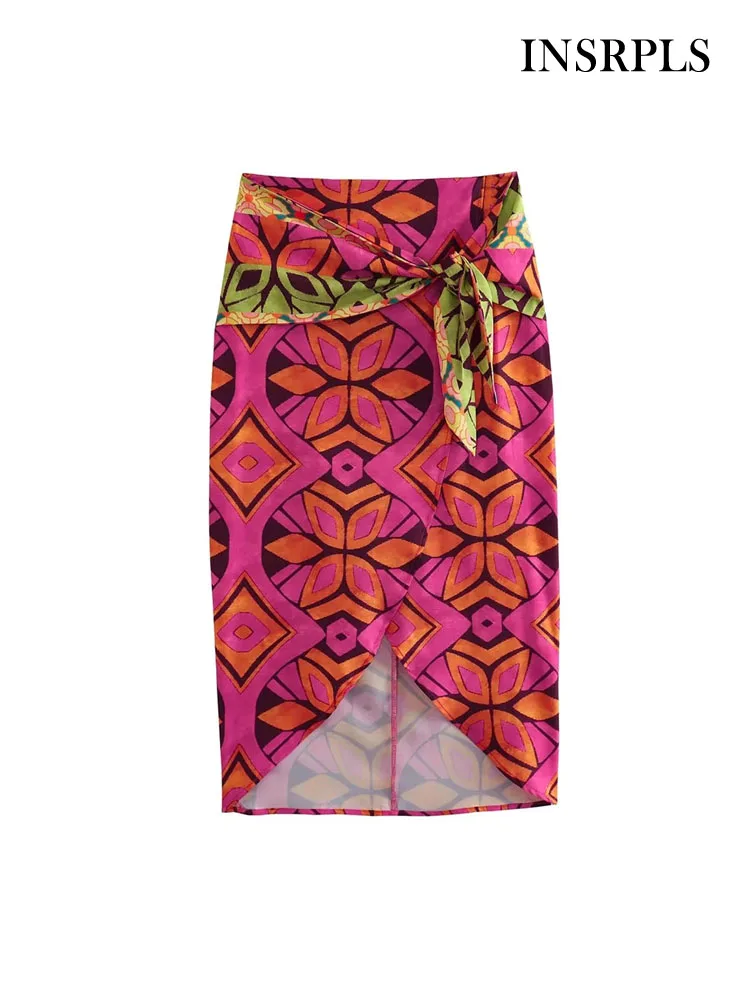 

INSRPLS Women Fashion With Bow Tied Print Midi Skirt Vintage High Waist Back Zipper Female Skirts Mujer