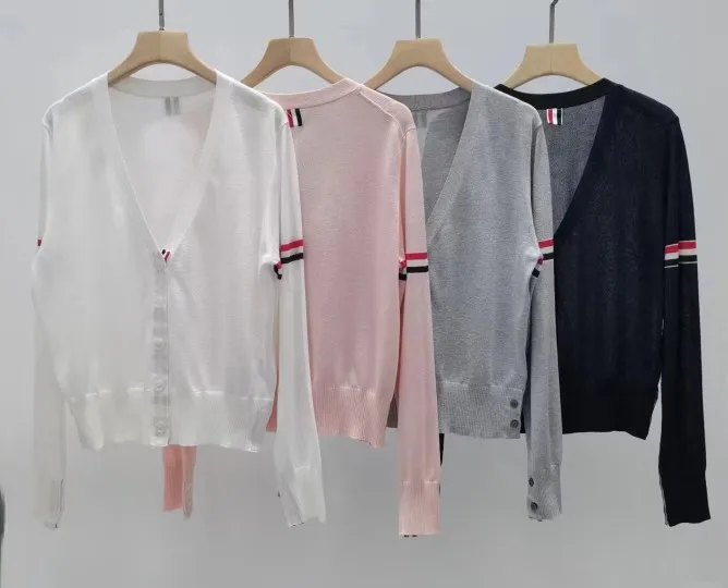 

High Quality TB Ice Silk Knitted V-neck Cardigan Long Sleeved Women's Summer Thin Niche Sun Protection Air Conditioning Shirt