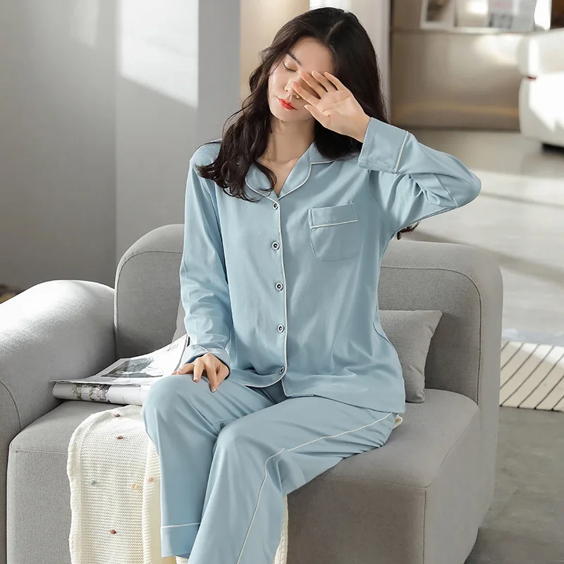 Spring and Summer Pajamas Women's Pure Cotton Simple Solid Color Long-sleeved Cardigan Breathable Home Service Suit Loungewear