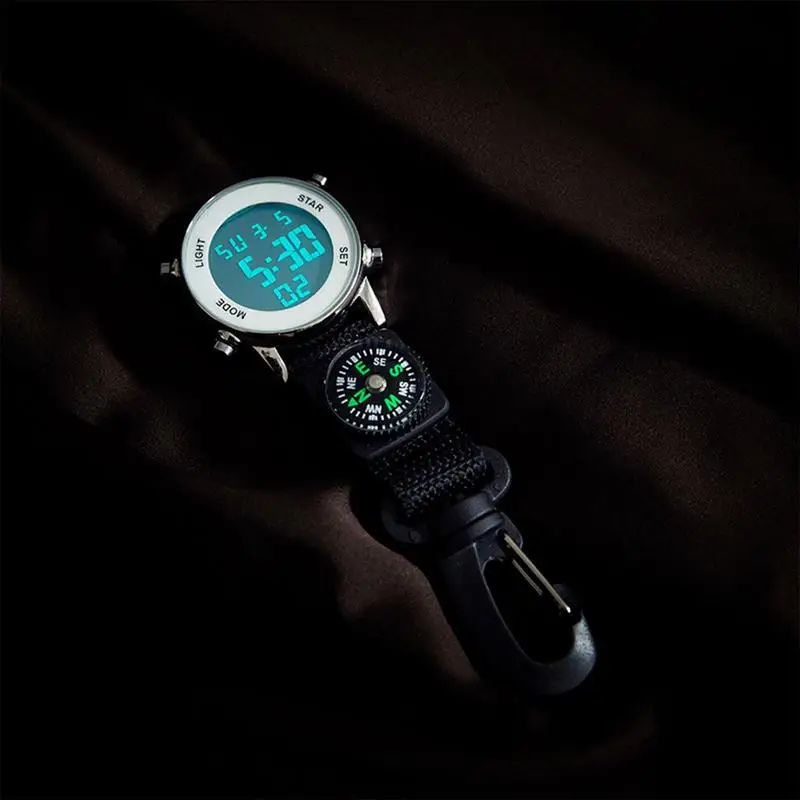 

Clip On Digital Watch Waterproof And Shockproof Keychain Carabiner Watch Pocket Watch Day Calendar Alarm Clock Compass LED Watch