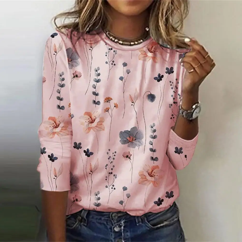 

Printed Women T-shirt Floral Print Women's Loose Fit O-neck Long Sleeve Blouse Thin Breathable Streetwear Tops for Spring Autumn