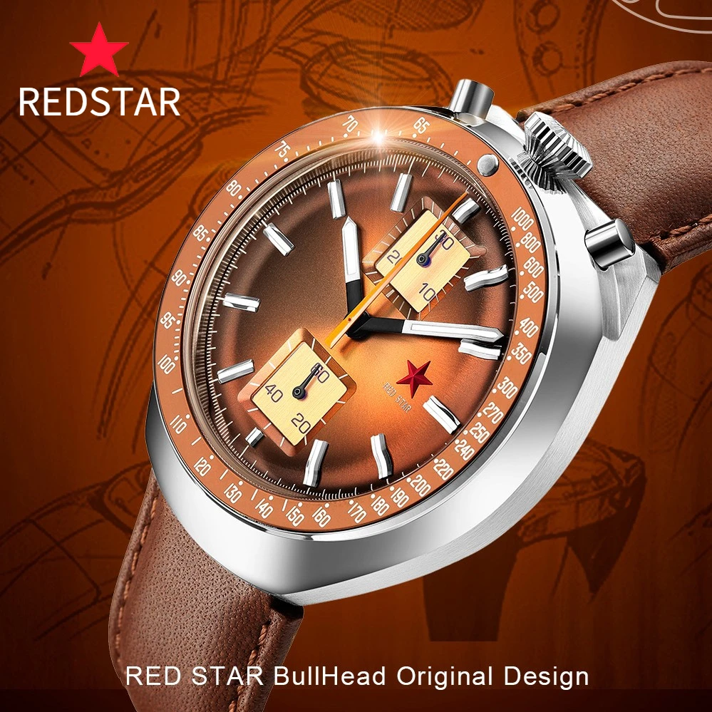

42mm 1963 Brown BullHead Chronograph Mechanical Watches Mens 3D Glass Sea-Gull ST1901 Movement Wristwatch Gooseneck Luminous