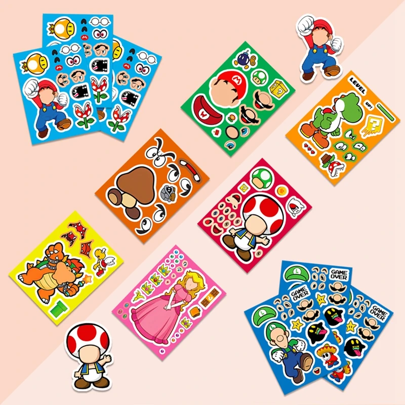 8 листов Super Mario Bros Puzzle Stickers Make A Face Аниме Игровые наклейки Милый кавайный