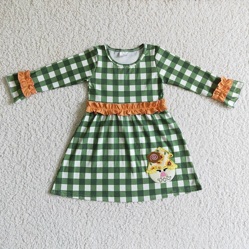 Children Embroidery Scarecrow Dress Green Plaid Long Sleeve Kid Infant Thanksgiving Baby Girl Thanksgiving Fall Toddler Clothes