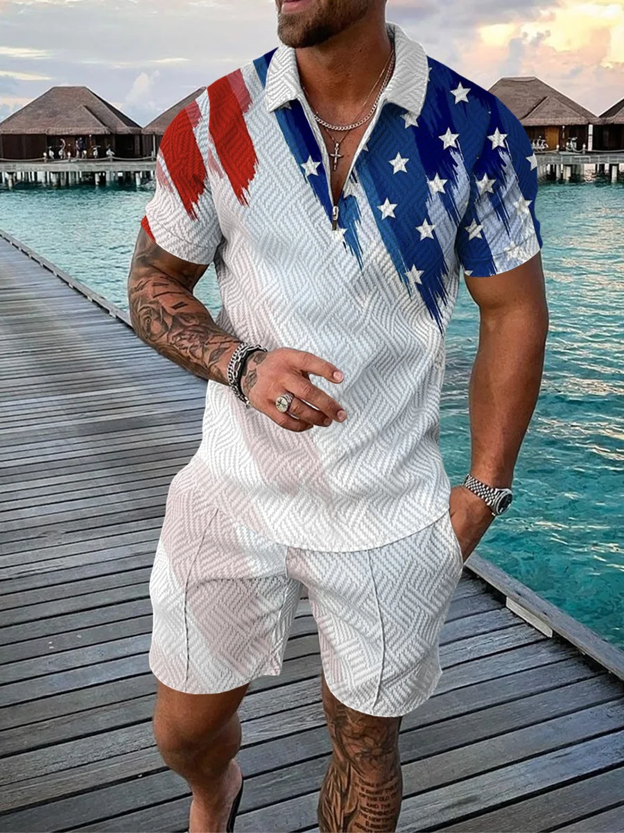 Summer Trendyol Men Oversize Vintage Short Sleeve T Shirts Set Harajuku USA Flag Print Polo Collared Tshirts Shorts Two Pieces