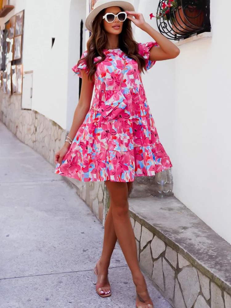 

Women's Fashion Boho Ruffe Short Sleeve Sexy Beach Mini Dress New Summer Casual O Neck Floral Print Street Dresses Clothing 2022