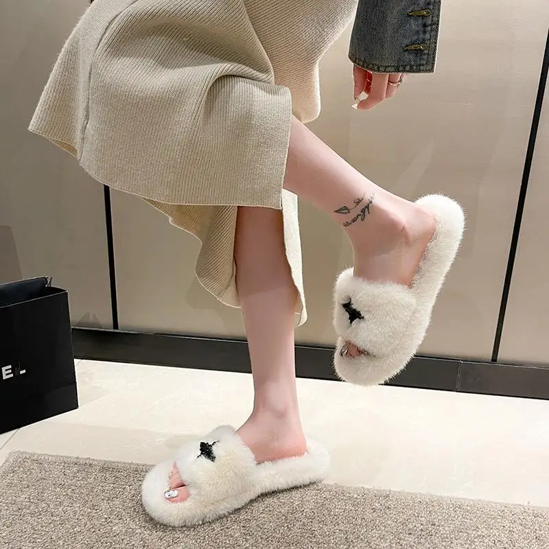 Осенне-зимние плюшевые тапочки с крестом женские французские простые домашние