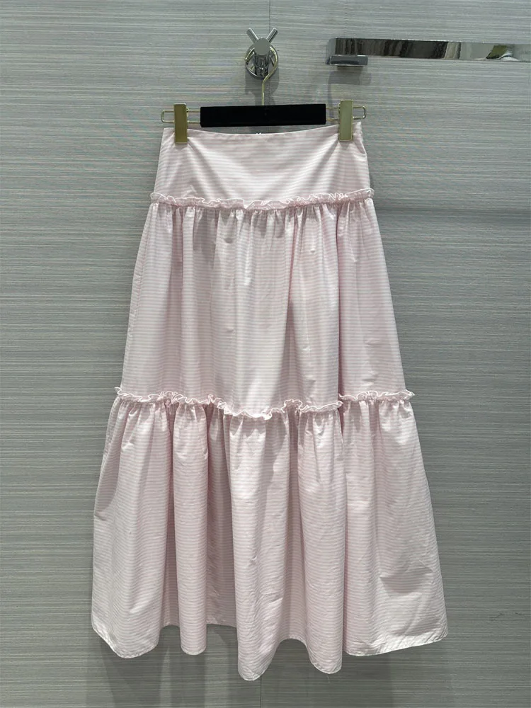 

2023 Spring And Summer New Women Sweet Pink Striped Cotton Light Breathable Comfortable Long Skirt For Female