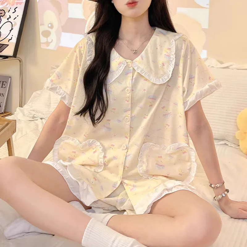 Милая мультяшная одежда для сна с рюшами женщин комплект из 2 предметов корейская