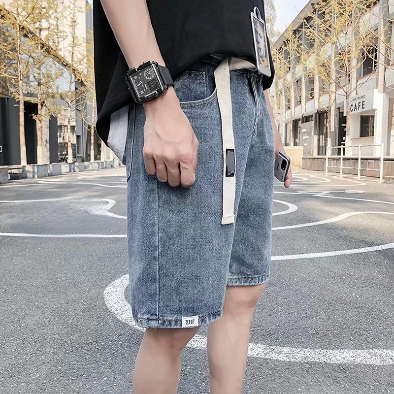 Summer Knee Length Jeans Men Korean Style Denim Shorts Men Lace-up Mid-Waist Denim Straight Shorts Fashion Short Jeans Pockets