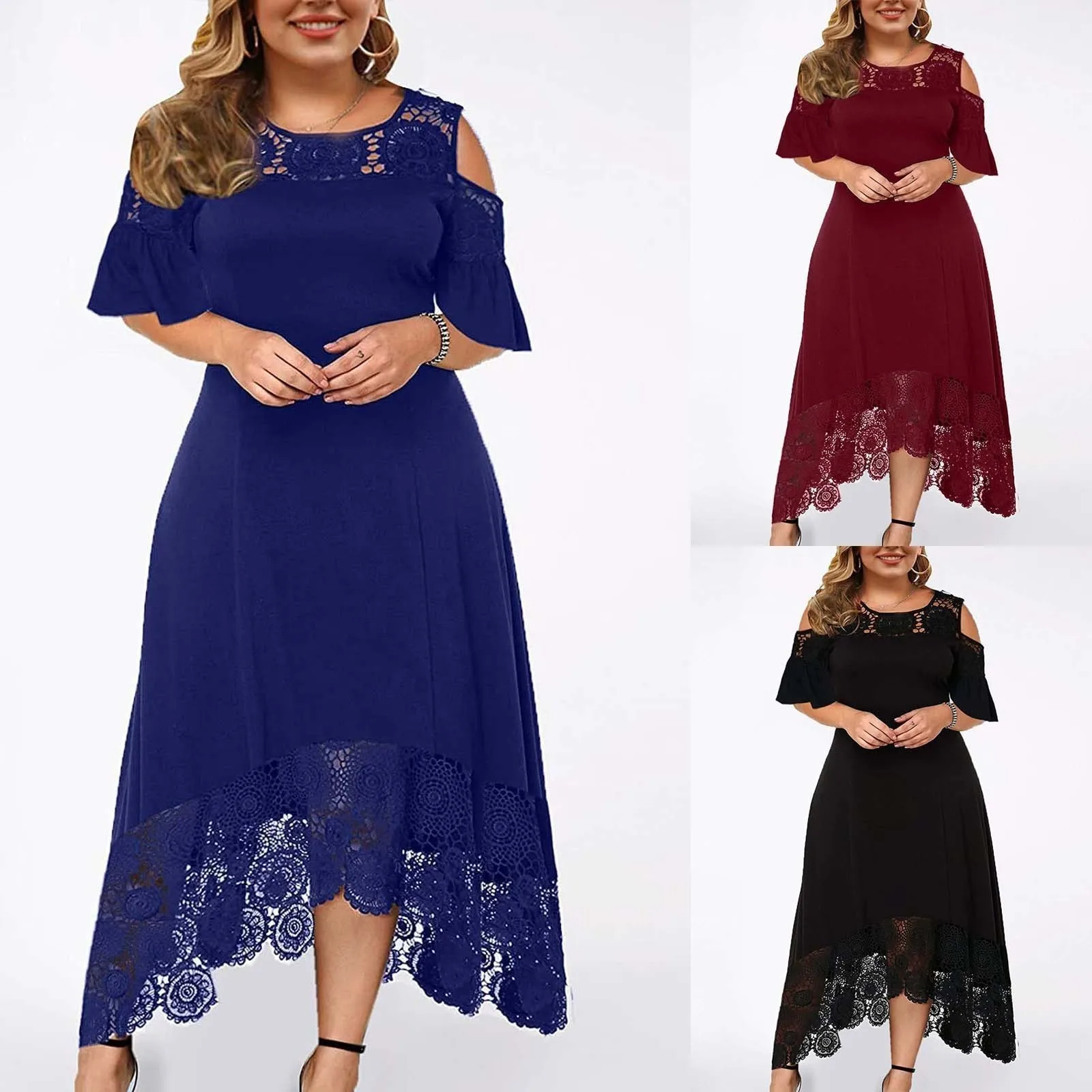 

Bohemian Women Fashion Dress Lace Stitching Lace-Up Tassel Large Hem Dress Summer Short-Sleeved Strapless Sheath Dress Beach
