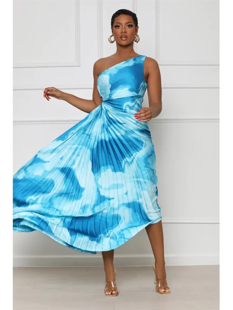 

2023 Women Tie-dye Printing A Line Midi Dresses Sexy Single Shoulder Hellow Out Long Dress 2023 Elegant Pressed Pleat Vestidos