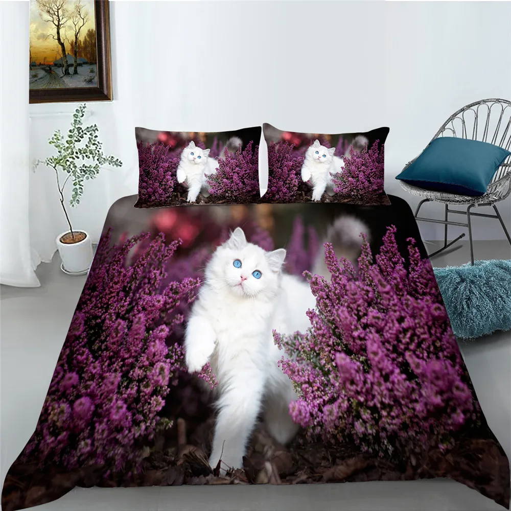 

Bedding Sets Home Textiles White Cat Printed Newly Fashion Duvet Cover Set Fashionable Flower Painting 2/3 Pcs