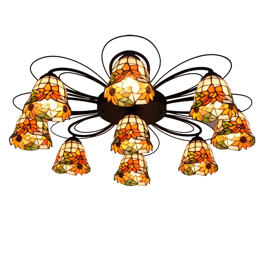 

Tiffany 9 Multi-head Ceiling Lamp Sun Flower Painted Glass Lamp Living Room Dining Room Bedroom Ceiling light