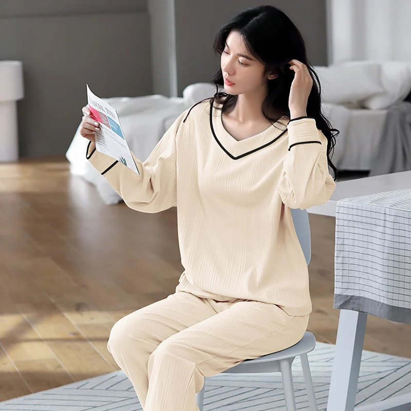 Casual Cotton Homewear Women's Pajamas Spring Stripe Neck Sleepwear Set Women Solid color Pajama Set Full Sleeve Shirt Pant