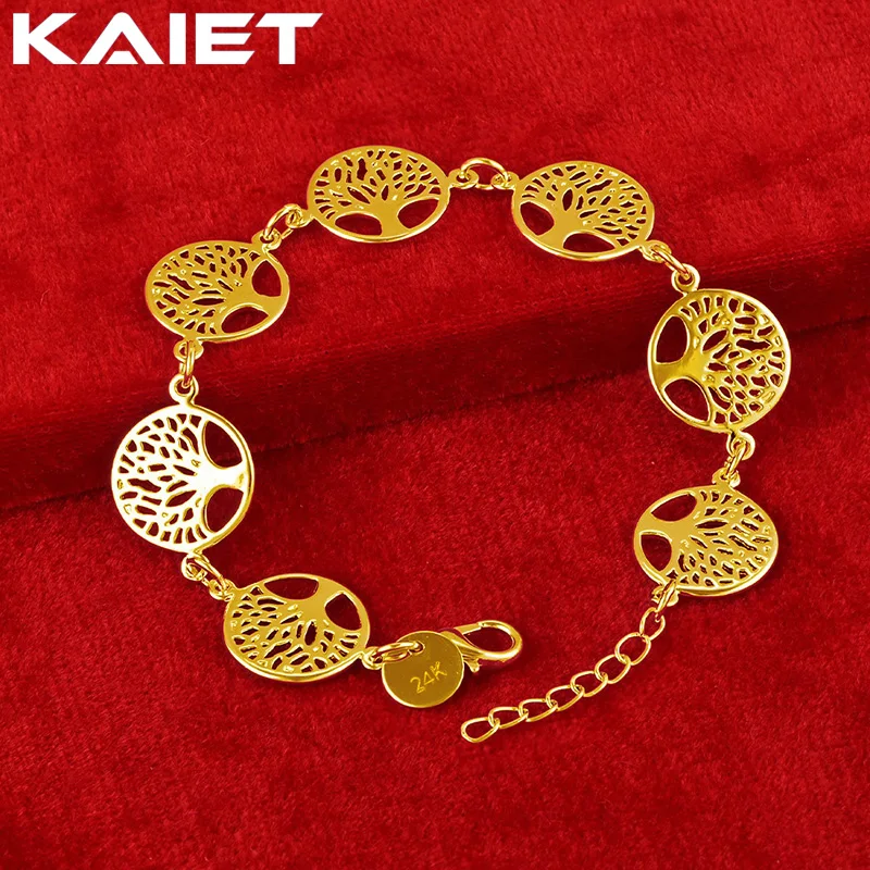

24K Gold Color Round Tree of Life Chain Bracelet Accessories Charm For Women Wedding Party Fashion Jewelry