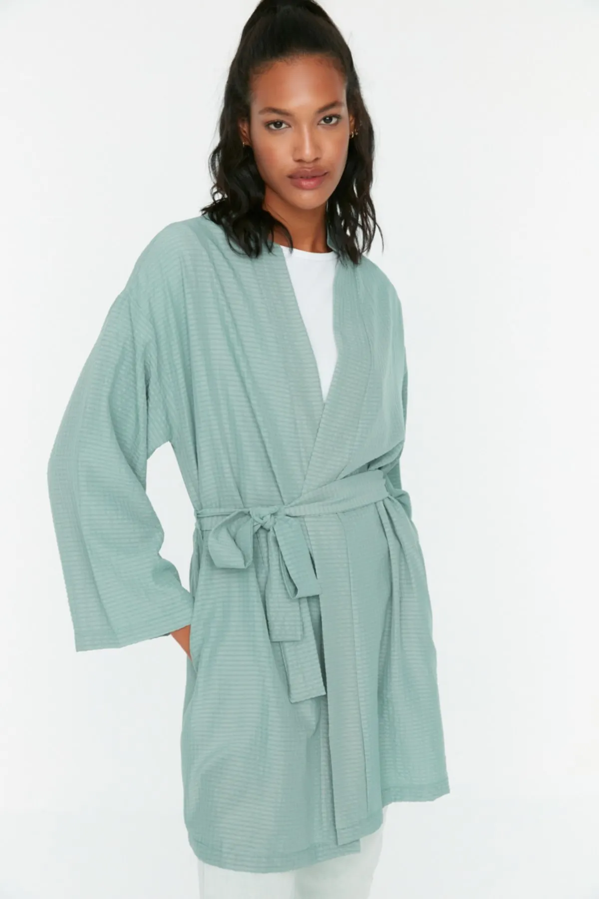 

Женское кимоно с открытым карманом, тканное кимоно цвета хаки, кафтан, модный халат, халат, наряд, лето 2022