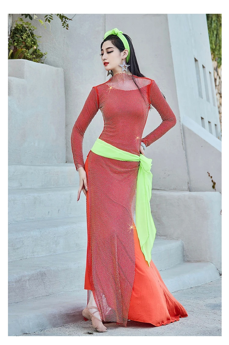 Новая одежда для танца живота удобное платье с длинными рукавами + бриллиантами