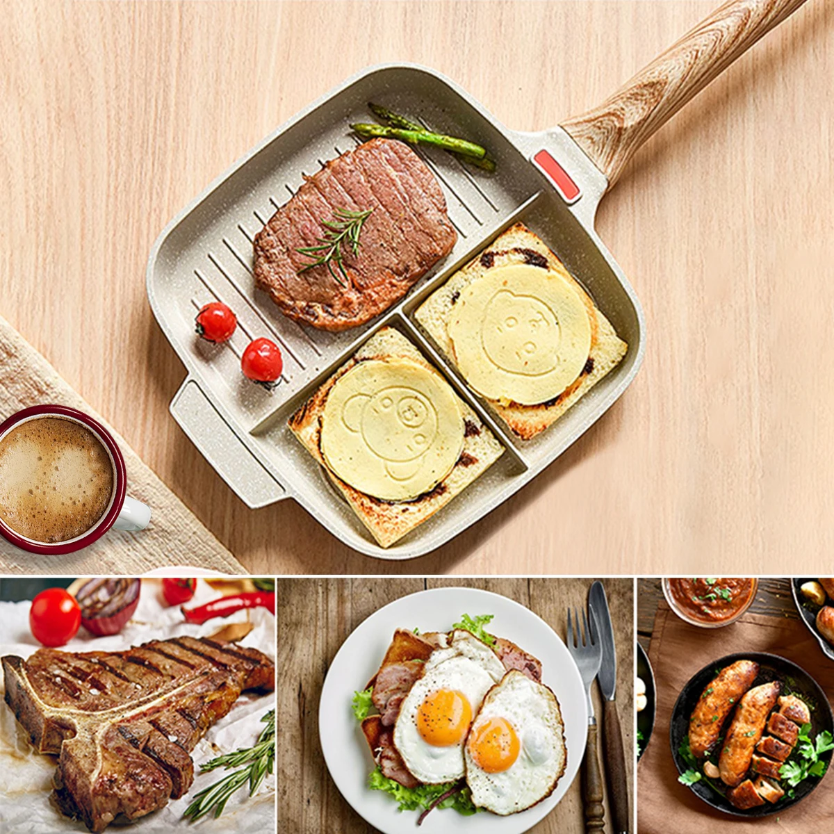 

BOBIKUK Steak Frying Pan 3 Section Egg Non-Stick Pans Ham Pancake Breakfast Skillet Pans Separate Frying Pan for Gas & Induction