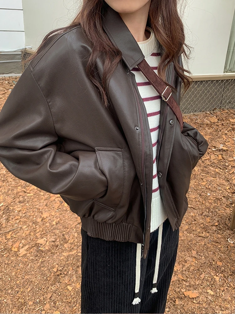 Женская водонепроницаемая куртка из ПУ кожи с длинным рукавом и спущенными