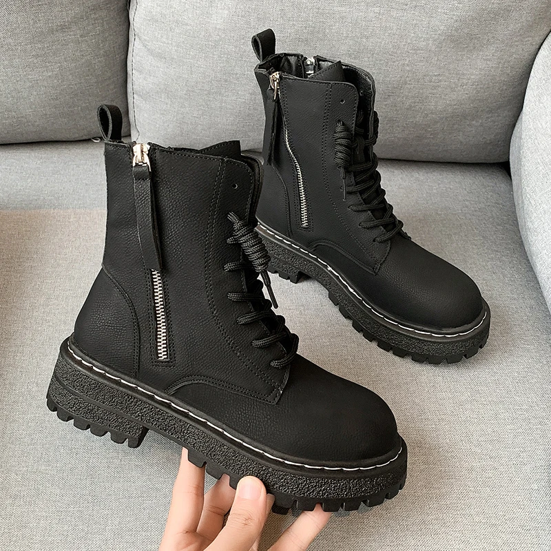 Ankle Boots for Women's Ladies Fashion Lace Up Martin Boots 2022 Winter New Women Pu Leather Platform Short Boots Botines Mujer