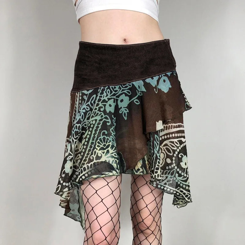 

Summer Retro Contrast Color Print Irregular Ruffled High Waist Elastic Waist Asymmetrical Skirt for Women S M L Green