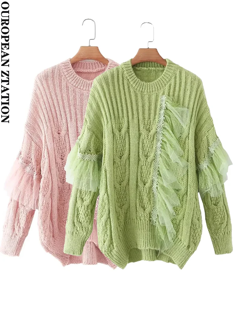 

PAILETE Women 2022 fashion patchwork mesh knit sweater vintage o neck long sleeve female pullover chic tops