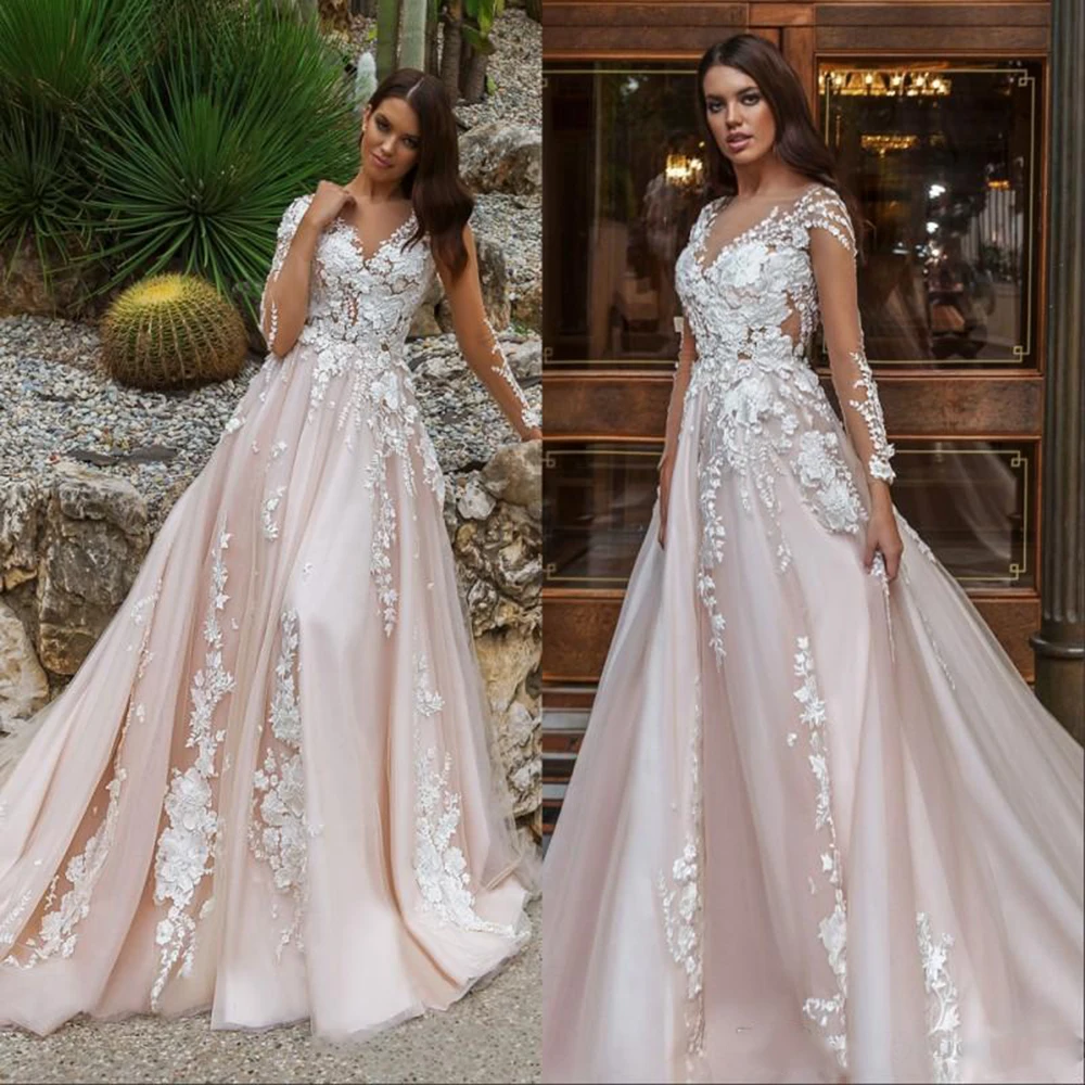 

A Line Beach 3D Flower Wedding Dress Sheer Long Sleeves V Neck Embellished Lace Embroidered Romantic Princess Blush Bridal Gowns